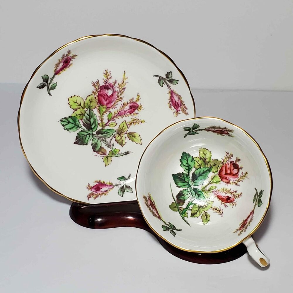 Royal Chelsea Teacup and Saucer Moss Rose Pink Vintage